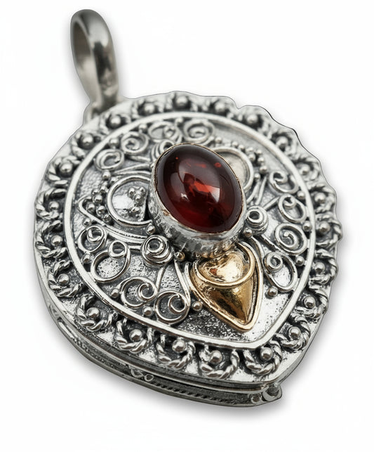 Sterling Silver Poison Pill Box Locket Amber Pendant