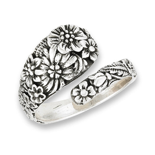 Antiqued Flower Adjustable Spoon Ring in Sterling Silver
