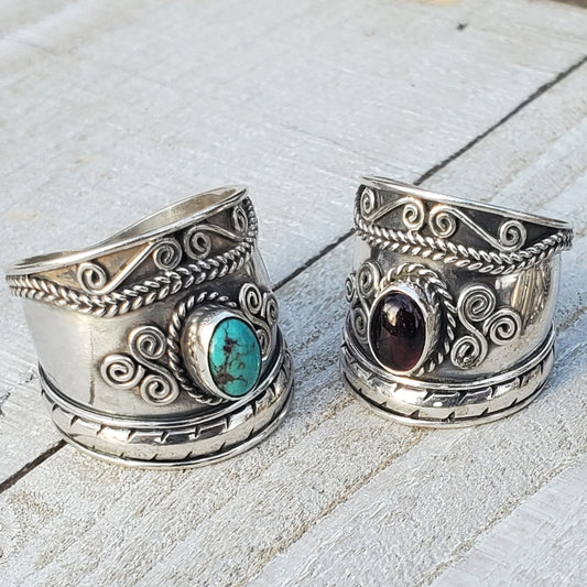 Sterling Silver Wide Armor Band Ring with Gemstone - Garnet or Turquoise