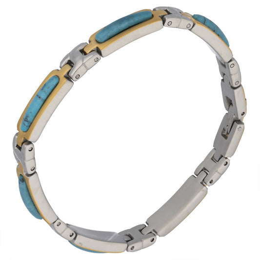 Stainless Steel Two Tone Turquoise Inlay Link Bracelet