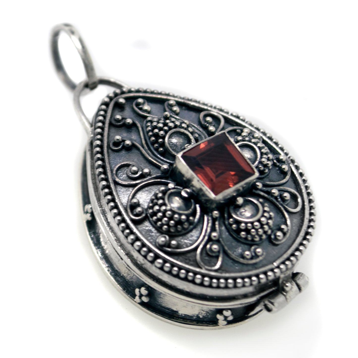 Scorched Steampunk Trinket Poison Locket Box Pendant, Sterling Silver, Garnet - Silver Insanity