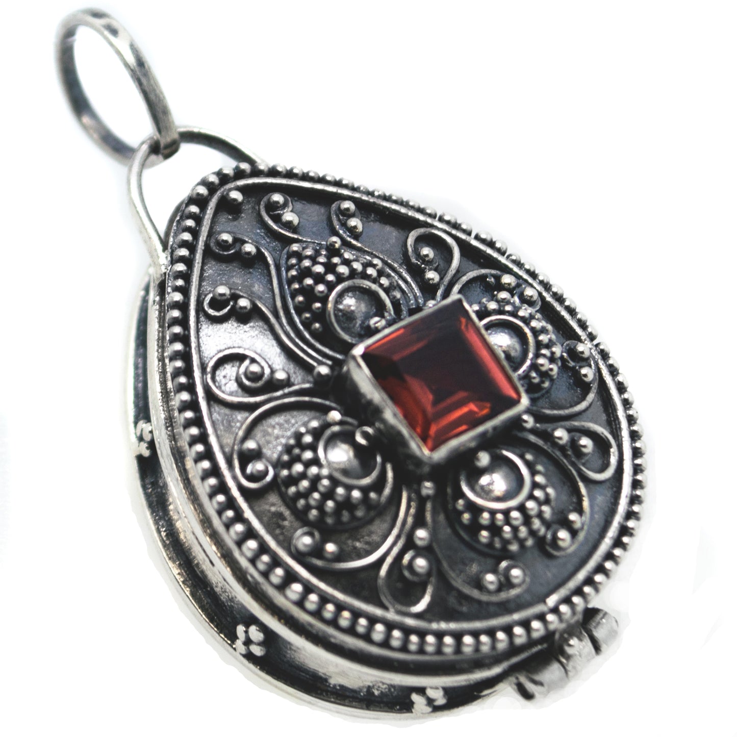 Scorched Steampunk Trinket Poison Locket Box Pendant, Sterling Silver, Garnet - Silver Insanity