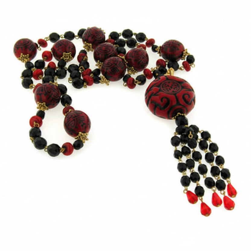 39" Layered Wrapping Carved Red and Black Beaded Asian Style Tassel Necklace - Silver Insanity