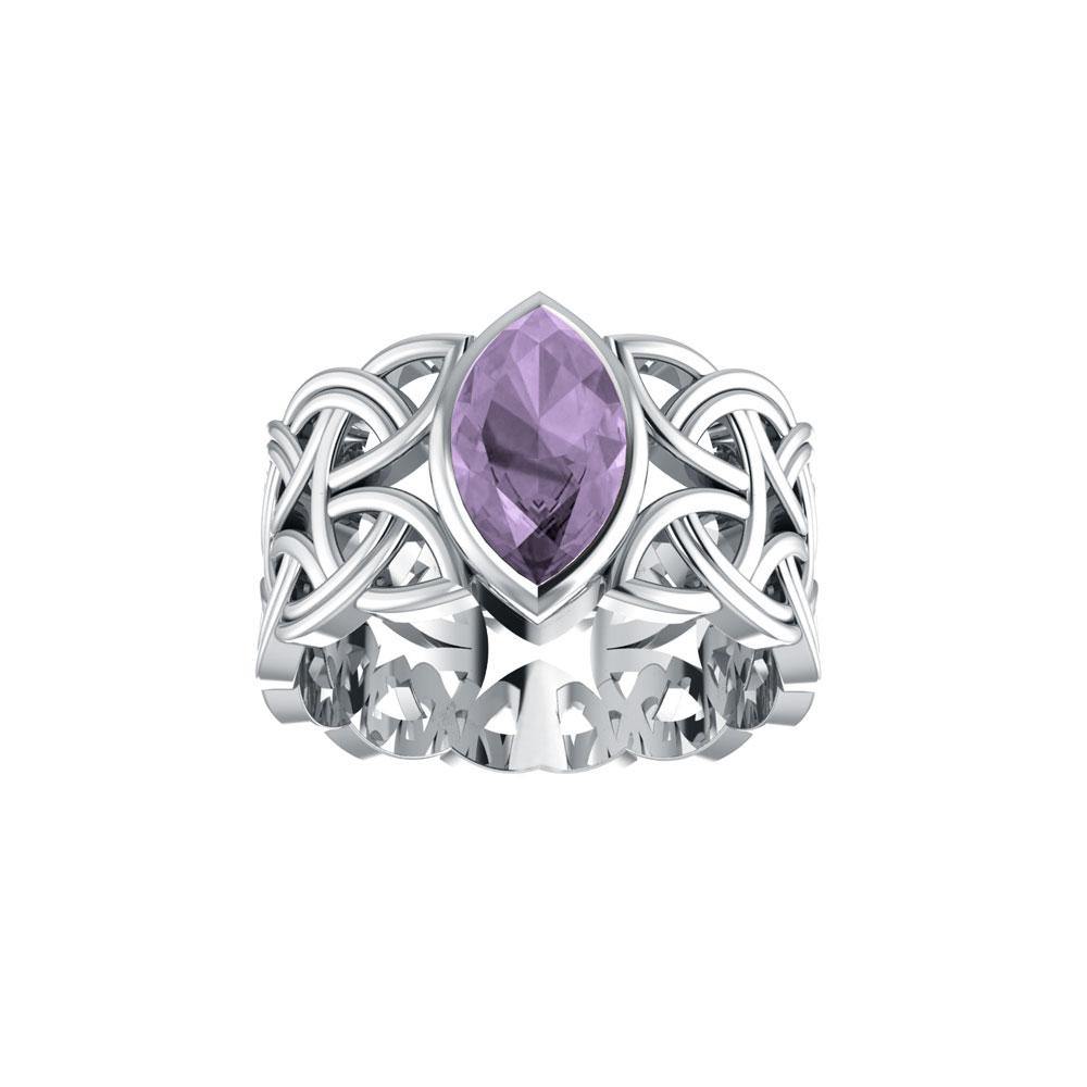 Borre Knot Viking Braided Wedding Band Ring in Sterling Silver with Marquise Gemstone