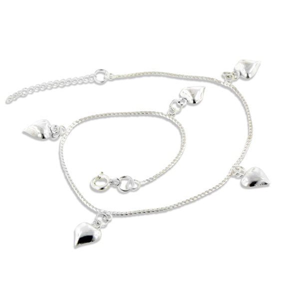 Small Heart Charm Dangles - Sterling Silver 8.75" Chain Anklet - Silver Insanity