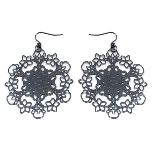 Dark Filigree Snowflake Metal Disc Hook Earrings - Silver Insanity