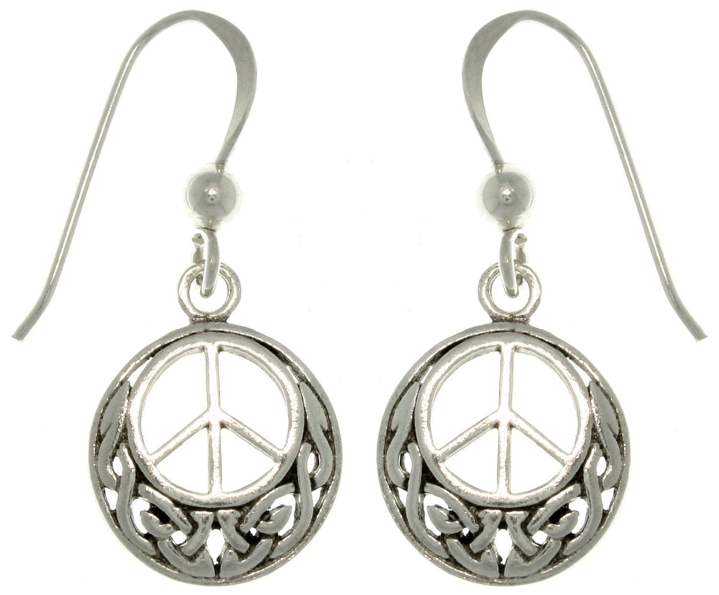 Celtic Knot and Peace Sign Symbol Sterling Silver Hook Earrings - Silver Insanity