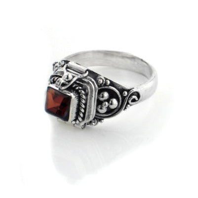 Sterling Silver Square Garnet Poison Locket Box Ring - Silver Insanity