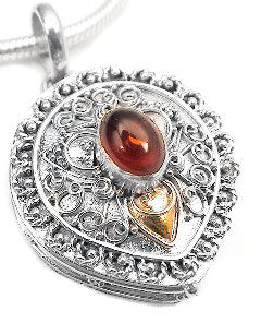 Sterling Silver Poison Pill Box Locket Amber Pendant