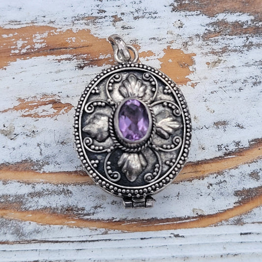 Oval AMETHYST Poison Box Locket Sterling Silver Pendant