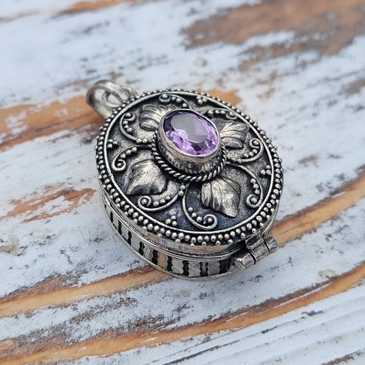 Oval AMETHYST Poison Box Locket Sterling Silver Pendant