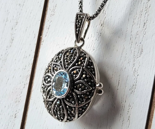 Oval Blue Topaz Locket Pendant Sterling Silver Necklace