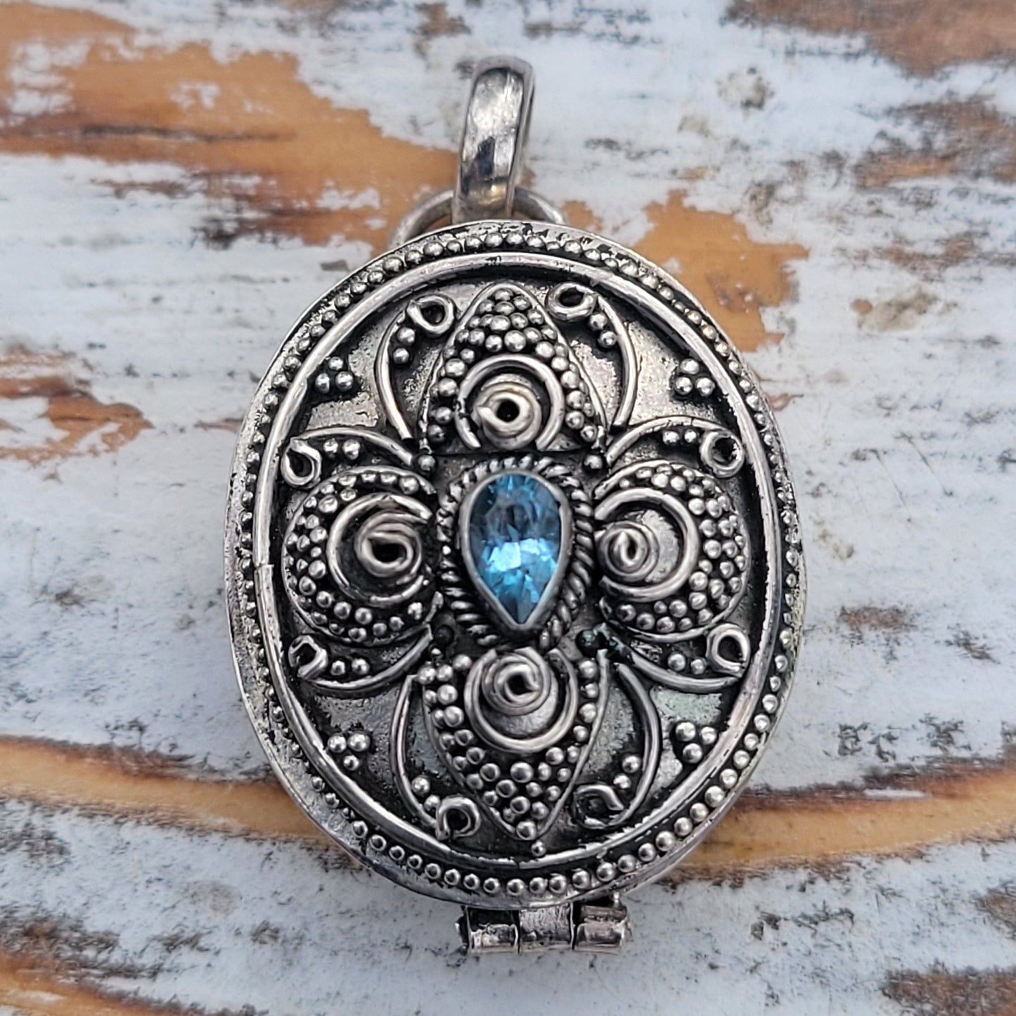 Oval Blue Topaz Sterling Silver Poison Box Locket Pendant