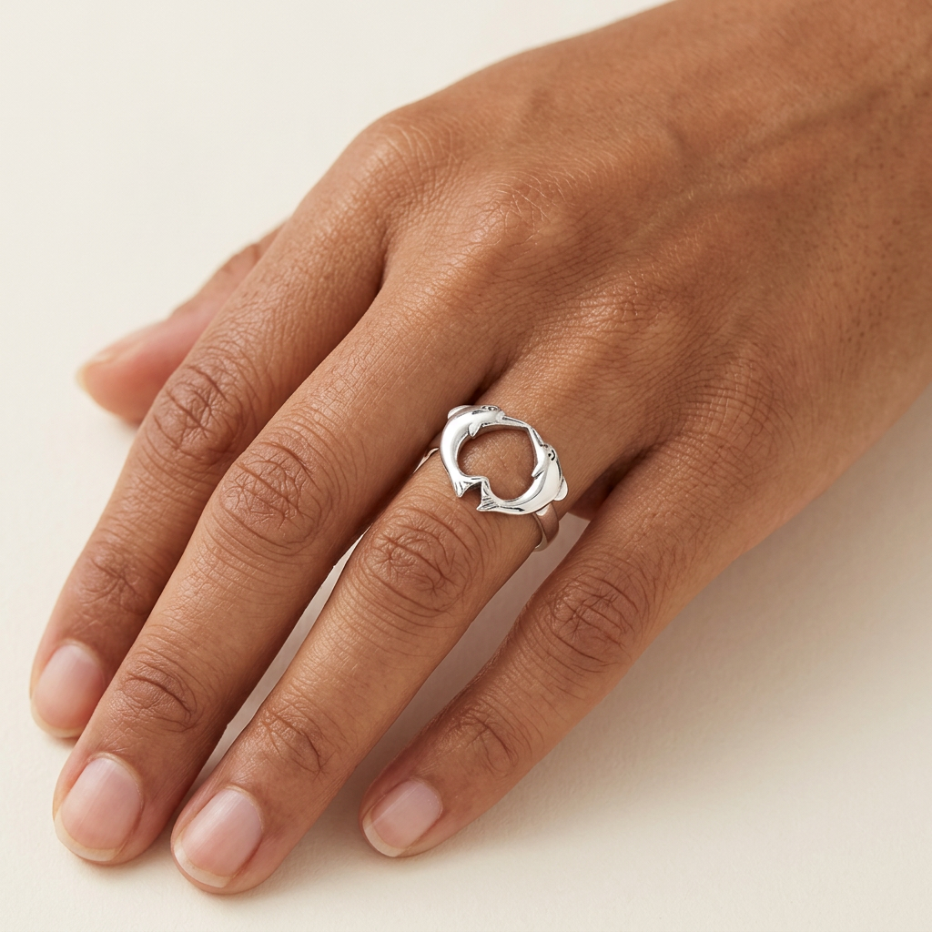 Dolphin heart ring worn on a hand, close-up