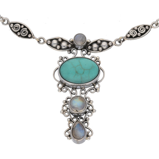 Turquoise and Rainbow Moonstone Sterling Silver and Suede Necklace
