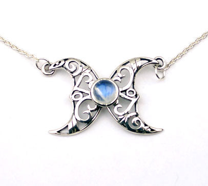 Crescent Moon with Rainbow Moonstone Sterling Silver Necklace