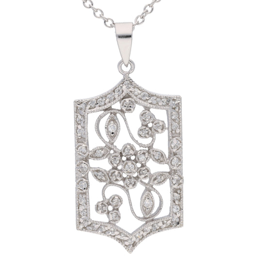 Victorian Style Open Flower Pave CZ Rhodium Sterling Silver Necklace