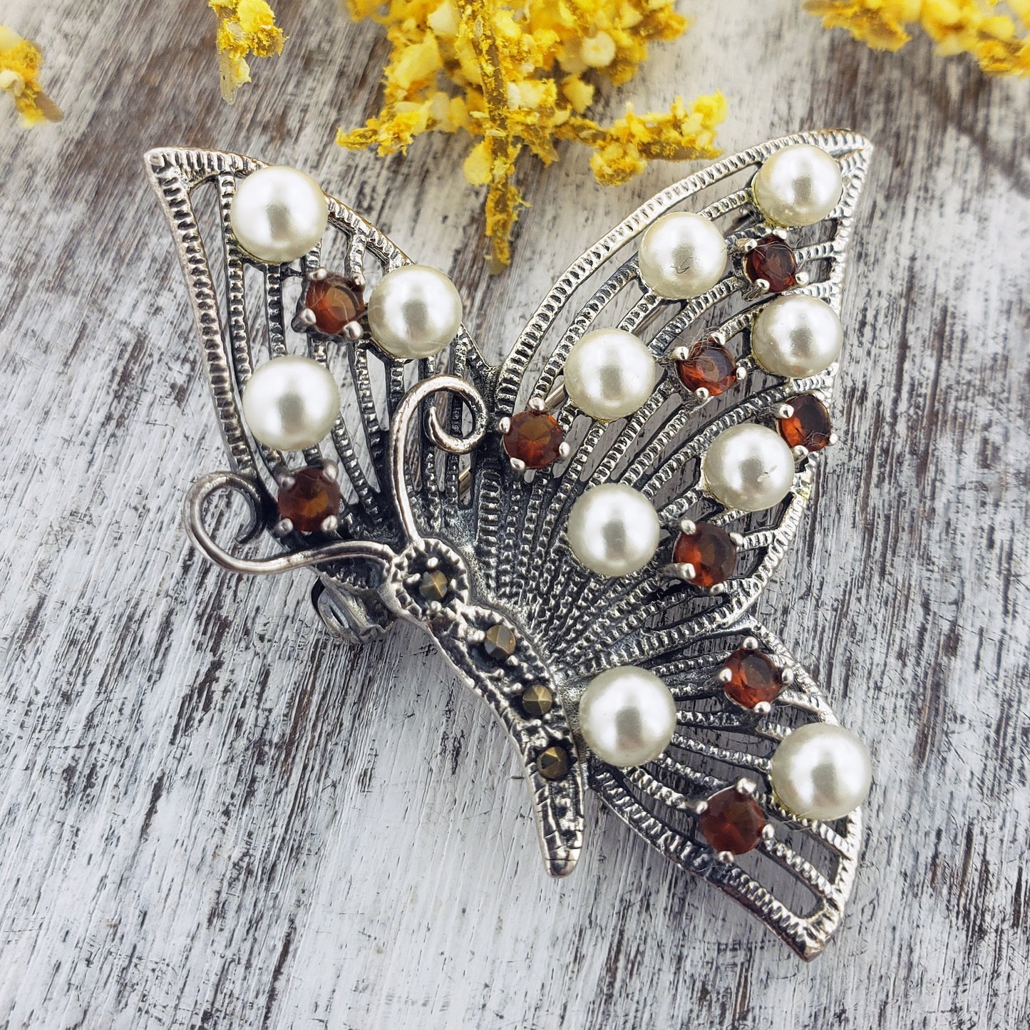 Sterling Silver Butterfly Pin Brooch w/ Red Glass and Simulated Pearl