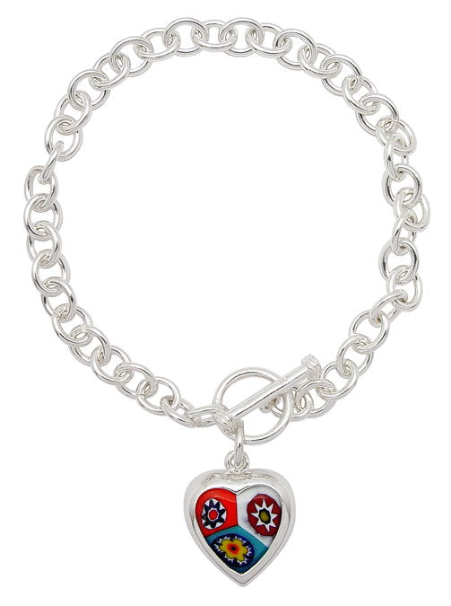 7" Sterling Silver Toggle Bracelet with Italian Glass Millefiori Heart Charm - Silver Insanity