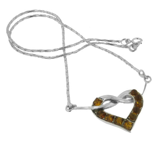 Sterling Silver Genuine Honey Baltic Amber Pendant Knotted Heart 18" Necklace - Silver Insanity