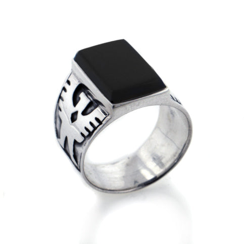 Heavy Eagle and Black Onyx Mens Band Sterling Silver Ring - Silver Insanity