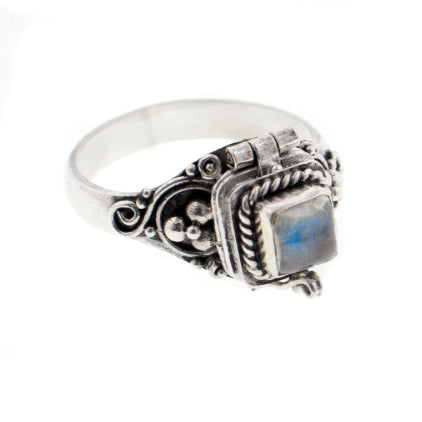 Square Sterling Silver Rainbow Moonstone Poison Box Locket Ring - Silver Insanity