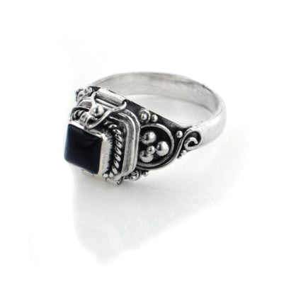 Small Square Sterling Silver Black Onyx Poison Box Locket Ring - Silver Insanity