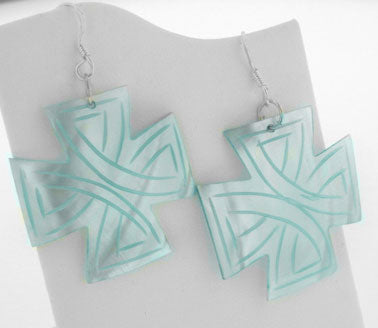 Sterling Silver Blue Carved Mother of Pearl MOP Shell Cross Shaped Earrings - Silver Insanity