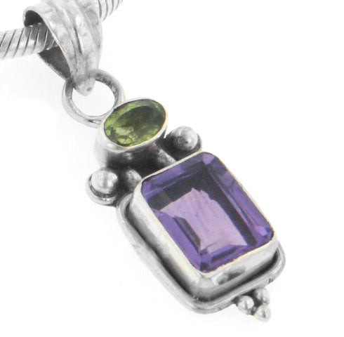 Sterling Silver Emerald-Cut Amethyst and Green Peridot Pendant - Silver Insanity