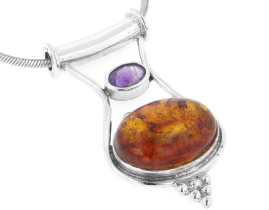 Sterling Silver Baltic Amber and Amethyst Slide Pendant - Silver Insanity