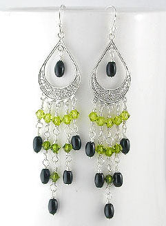 Sterling Silver Earrings with Black Onyx Green Crystal - Silver Insanity