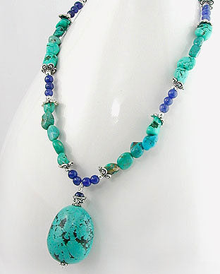 Genuine Turquoise and Blue Lapis Gemstone Sterling Silver 18" Necklace - Silver Insanity