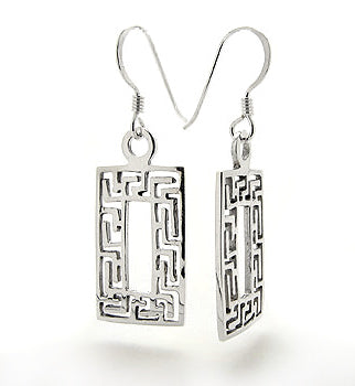 Greek Key Geometric Rectangle Sterling Silver Hook Earrings - Silver Insanity