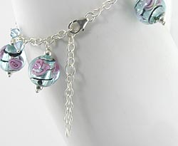 Roses in Pink and Blue Swirl Foil Glass Beads Sterling Silver 7.5" Bracelet - Silver Insanity