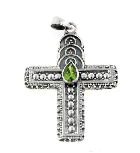 Medieval Style Sterling Silver Genuine Peridot Cross Pendant - Silver Insanity