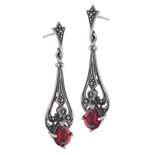 Vintage Reproduction Sterling Silver Teardrop Red Glass Marcasite Earrings - Silver Insanity