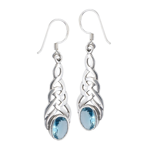 Sterling Silver Celtic Knot Simulated Blue Topaz Glass Hook Earrings - Silver Insanity