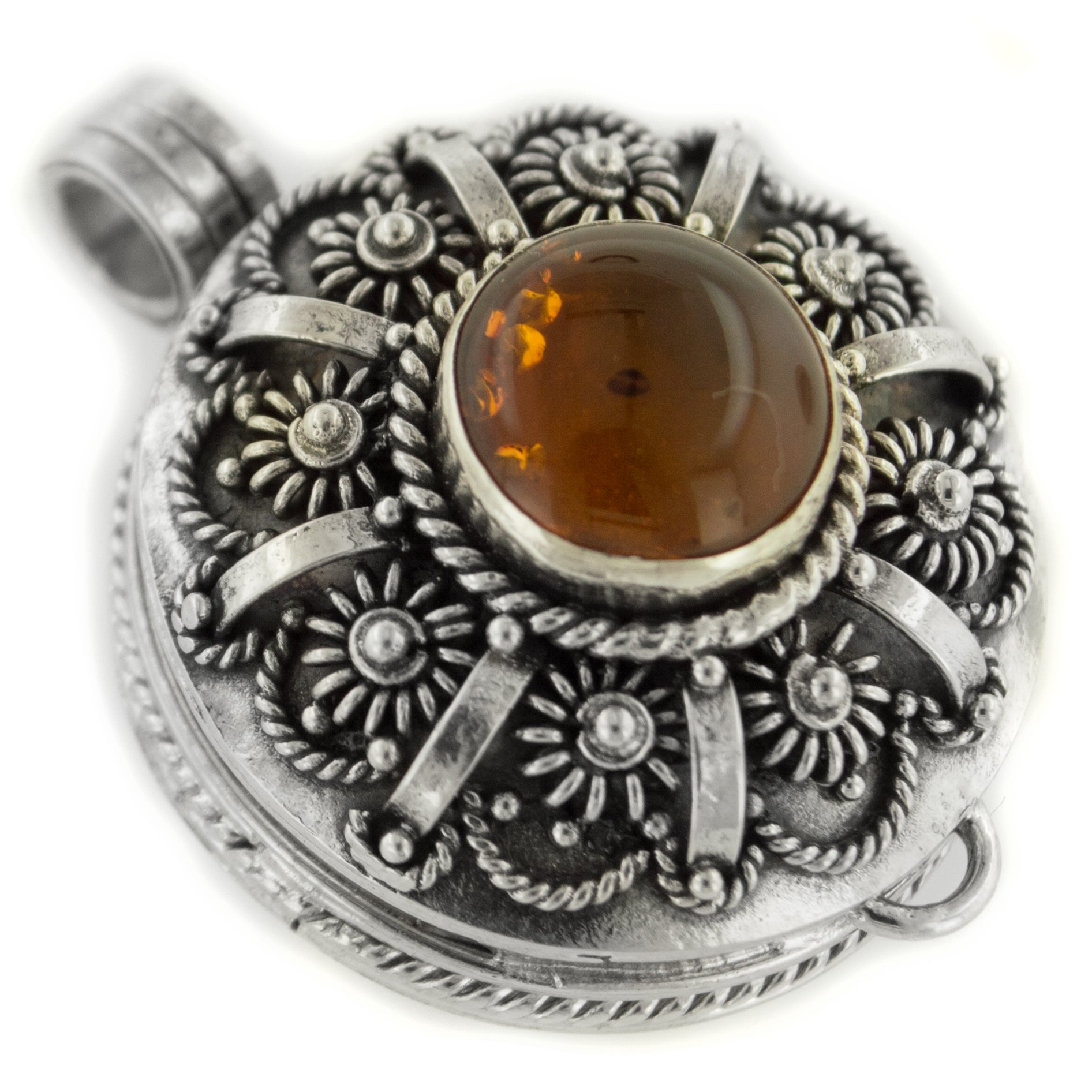 Sterling Silver Pressed Baltic Amber Poison Locket Pendant for Herbs or Prayers - Silver Insanity