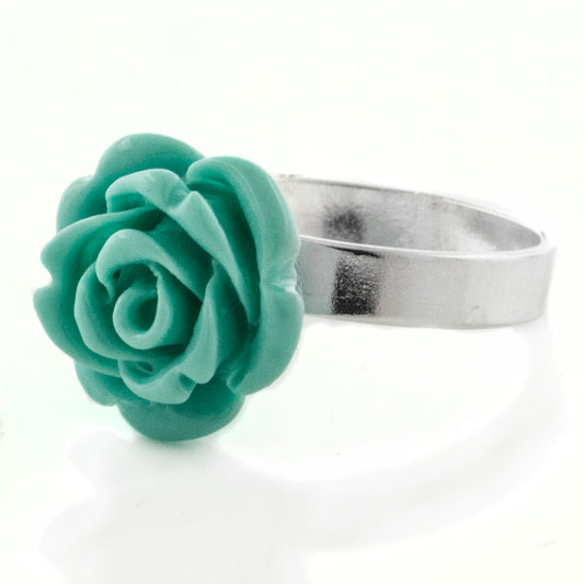 Carved Rose of Beauty 3D Sterling Silver Turquoise Flower Ring - Silver Insanity