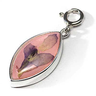 Boxed Oval Sterling Silver Pink Dried Flower Charm Pendant - Silver Insanity