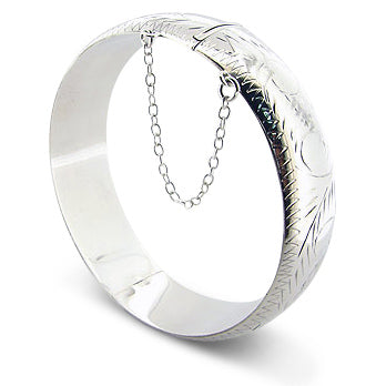 5mm (3/16") or 9mm (3/8") Etched Hinged Sterling Silver Latching Bangle Bracelet - Silver Insanity