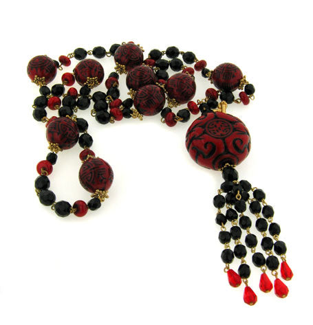 39" Layered Wrapping Carved Red and Black Beaded Asian Style Tassel Necklace - Silver Insanity