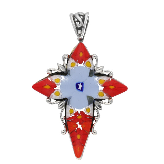 Sterling Silver Red, White, Blue Millefiori Glass Star Cross Pendant