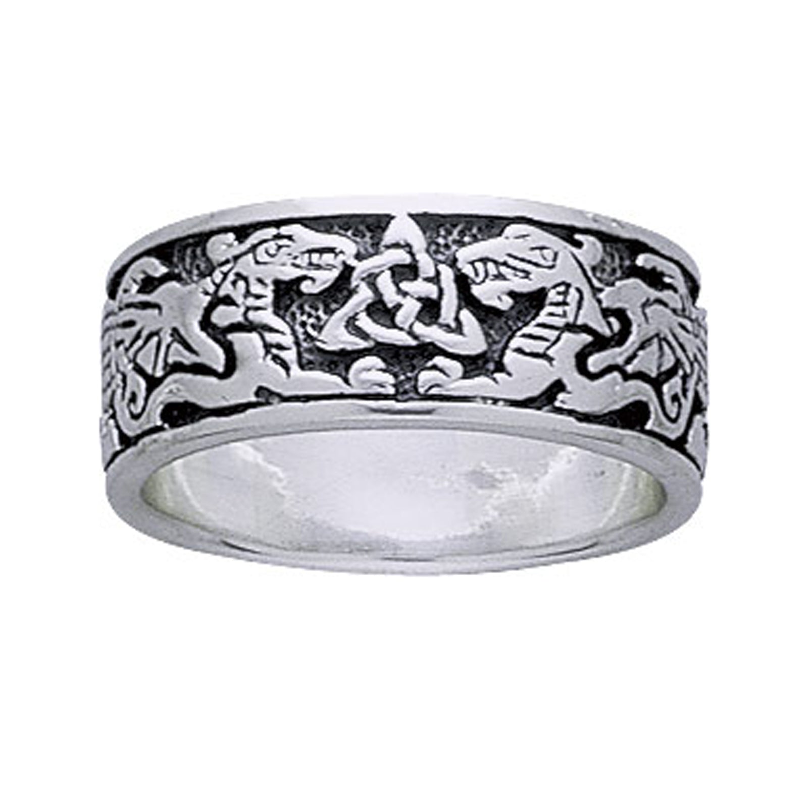 Sterling Silver Celtic Dragons Trinity Knot Band Ring - Silver Insanity