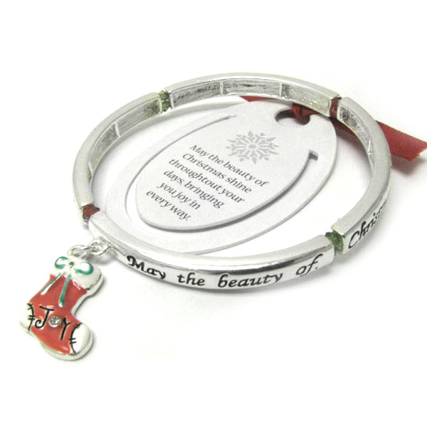 Joy of Christmas - Stocking Charm Silver Tone Stretch Bangle Bracelet - Silver Insanity