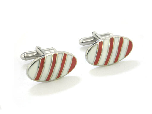 Mens Red and White Candy Cane Striped Oval Silver-Tone Cufflinks - Silver Insanity