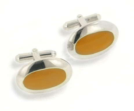 Large Oval Vintage Style Yellow Enamel Bullet Back Silver-Tone Cufflinks - Silver Insanity