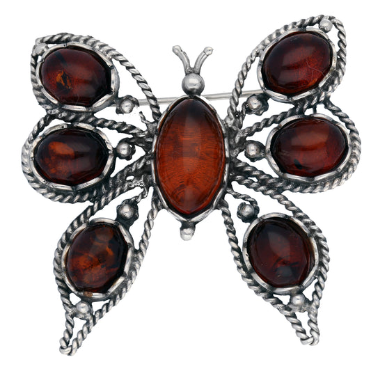 Large Sterling Silver Butterfly Pin Brooch with Genuine Baltic Amber