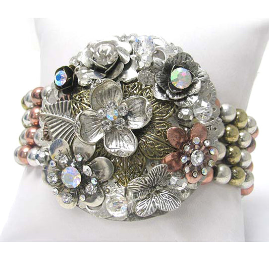 Crystal Flower Corsage with Silver, Gold and Copper Tone Beaded Stretch Bracelet - Silver Insanity