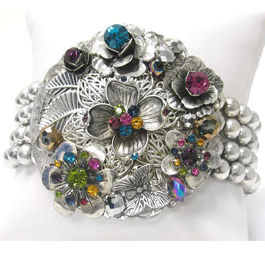 Multi-Colored Corsage Stretch Bracelet with Rainbow Crystals - Silver Insanity